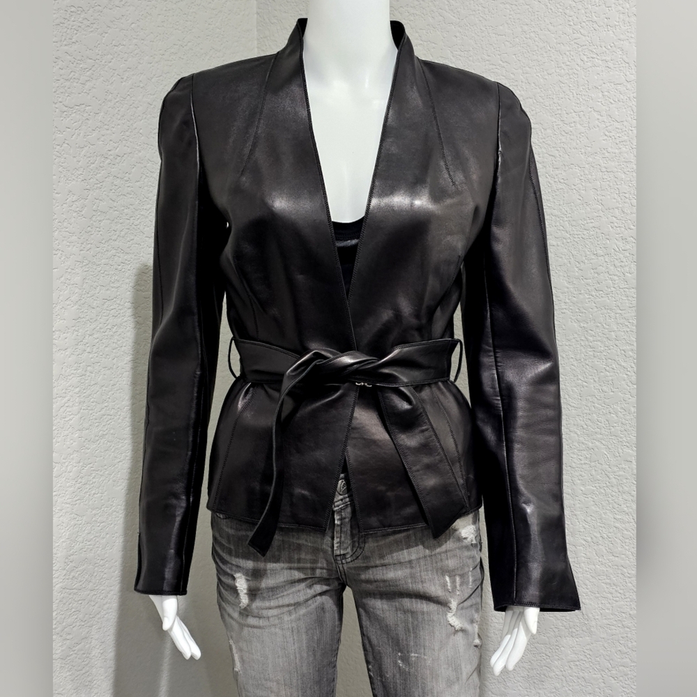AKRIS black leather belted jacket